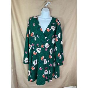 Express Floral Polka Dot Dress Womens Large Green Excellent Faux Wrap Mini